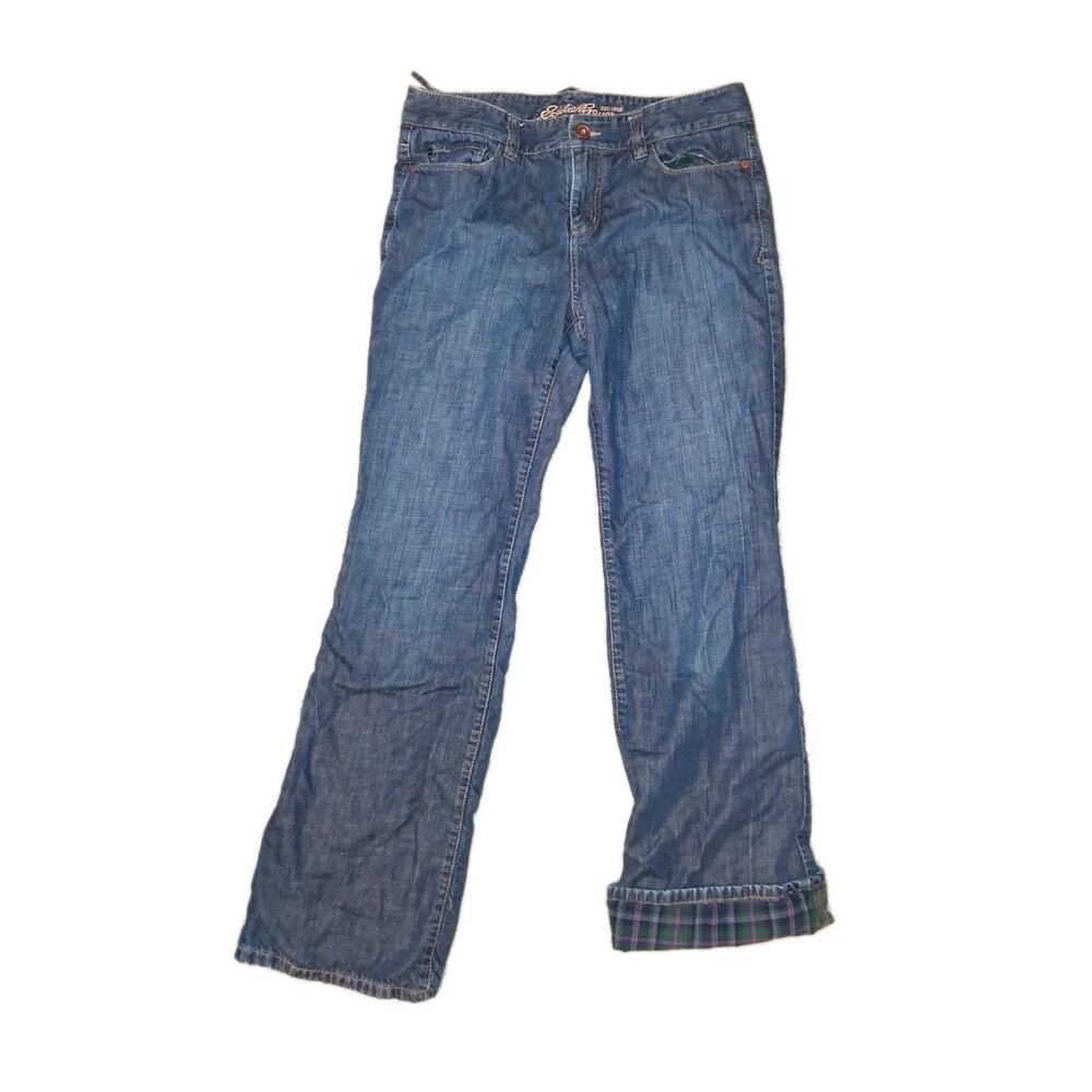 Eddie Bauer Jeans Womens 8 Blue Flannel Lined Boyfriend Fit Stretch Denim